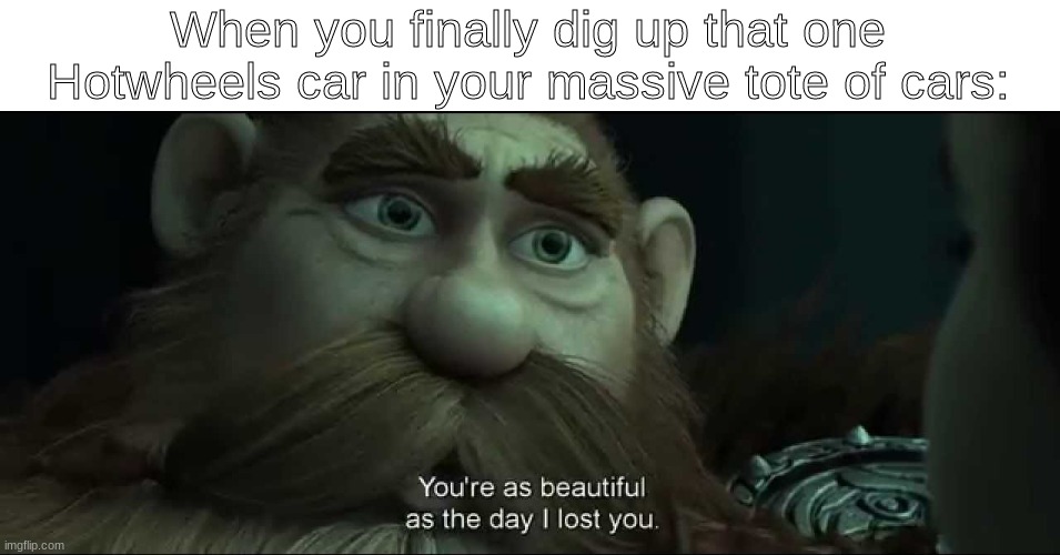 Owning Die-Cast Cars Be Like: | When you finally dig up that one Hotwheels car in your massive tote of cars: | image tagged in you are as beautiful as the day i lost you,cars,toys | made w/ Imgflip meme maker