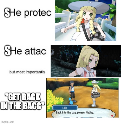 She protec she attac but most importantly | "GET BACK IN THE BACC" | image tagged in she protec she attac but most importantly | made w/ Imgflip meme maker