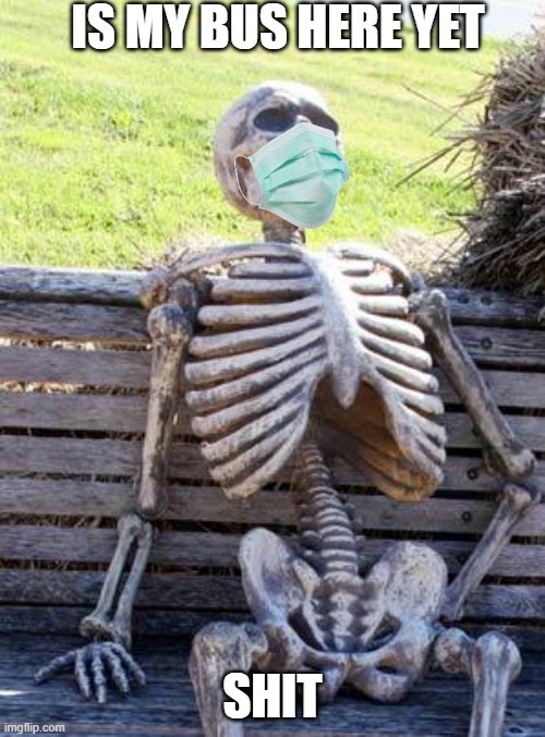 Waiting Skeleton | IS MY BUS HERE YET; SHIT | image tagged in memes,waiting skeleton | made w/ Imgflip meme maker