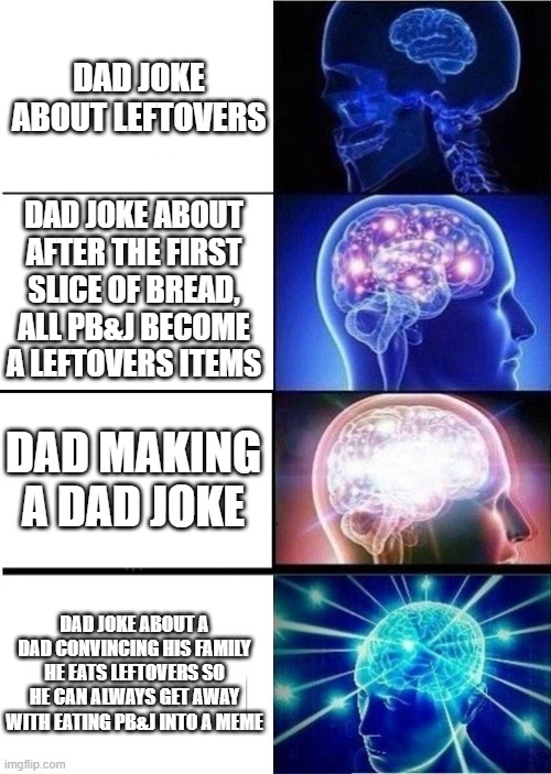 Dad jokes about Dadding FTW | DAD JOKE ABOUT LEFTOVERS; DAD JOKE ABOUT AFTER THE FIRST SLICE OF BREAD, ALL PB&J BECOME A LEFTOVERS ITEMS; DAD MAKING A DAD JOKE; DAD JOKE ABOUT A DAD CONVINCING HIS FAMILY HE EATS LEFTOVERS SO HE CAN ALWAYS GET AWAY WITH EATING PB&J INTO A MEME | image tagged in mind blown template | made w/ Imgflip meme maker