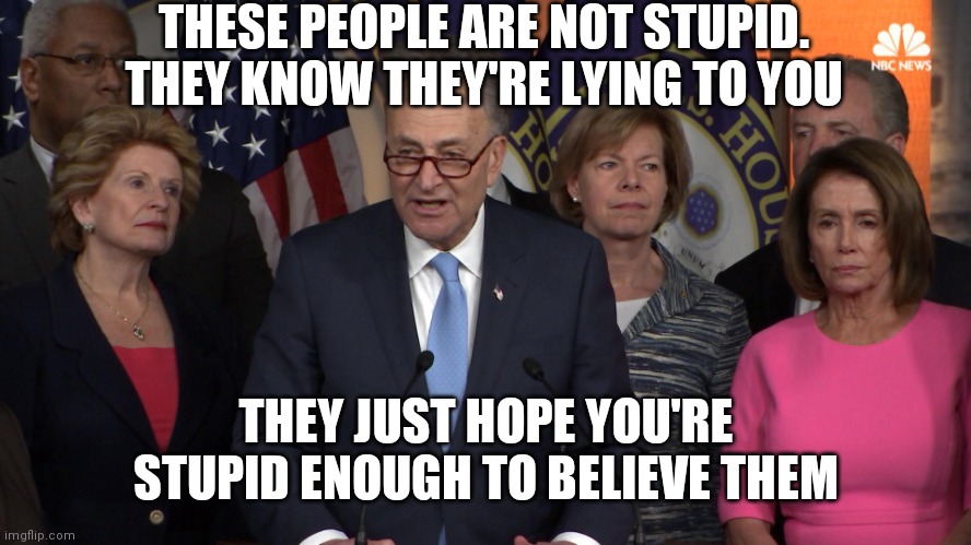 Democrat congressmen | THESE PEOPLE ARE NOT STUPID. THEY KNOW THEY'RE LYING TO YOU; THEY JUST HOPE YOU'RE STUPID ENOUGH TO BELIEVE THEM | image tagged in democrat congressmen | made w/ Imgflip meme maker