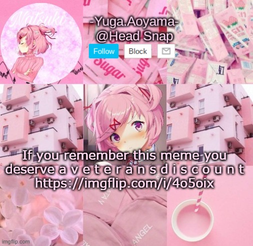 Natsuki temp | If you remember this meme you deserve a v e t e r a n s d i s c o u n t
https://imgflip.com/i/4o5oix | image tagged in natsuki temp | made w/ Imgflip meme maker