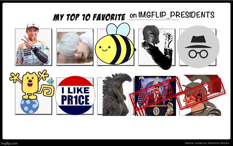 [The last two are MoonMan & WhiteNat, lol — not my “favorites” *at all* lol but they definitely changed the game] | on IMGFLIP_PRESIDENTS | image tagged in my top 10,top 10,imgflip_presidents,rmk,beez,rup | made w/ Imgflip meme maker