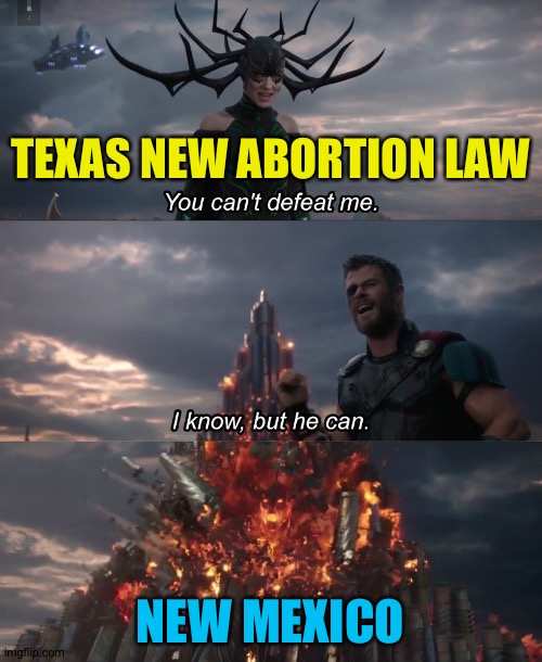 New Mexico right next door | TEXAS NEW ABORTION LAW; NEW MEXICO | image tagged in i know but he can | made w/ Imgflip meme maker