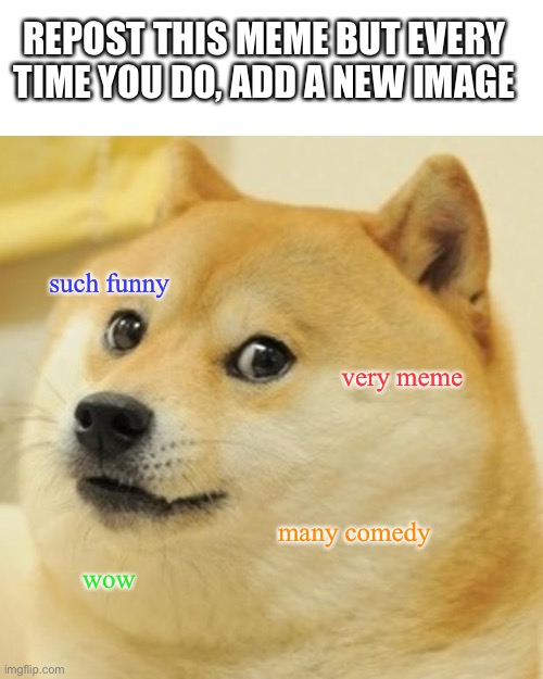 title | REPOST THIS MEME BUT EVERY TIME YOU DO, ADD A NEW IMAGE; such funny; very meme; many comedy; wow | image tagged in memes,doge | made w/ Imgflip meme maker