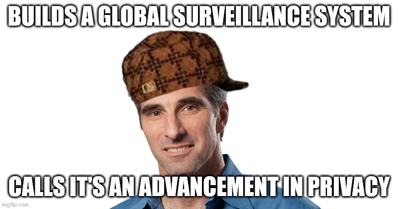 BUILDS A GLOBAL SURVEILLANCE SYSTEM; CALLS IT'S AN ADVANCEMENT IN PRIVACY | made w/ Imgflip meme maker