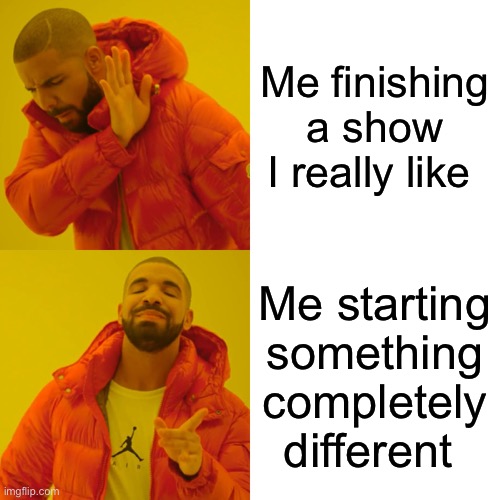 Drake Hotline Bling Meme | Me finishing a show I really like; Me starting something completely different | image tagged in memes,drake hotline bling | made w/ Imgflip meme maker