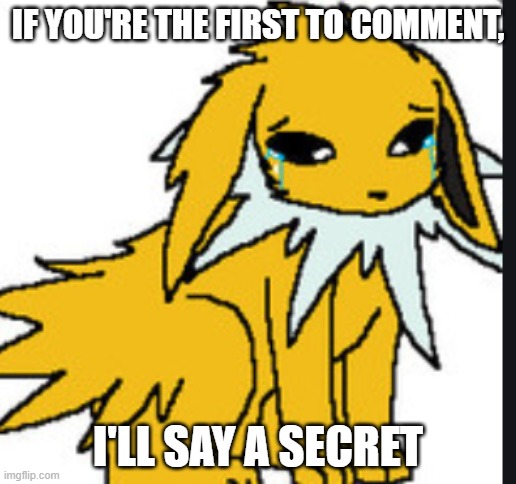 sad jolteon | IF YOU'RE THE FIRST TO COMMENT, I'LL SAY A SECRET | image tagged in sad jolteon | made w/ Imgflip meme maker