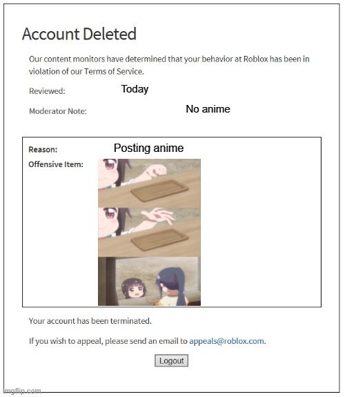 banned from ROBLOX | Today; No anime; Posting anime | image tagged in banned from roblox | made w/ Imgflip meme maker
