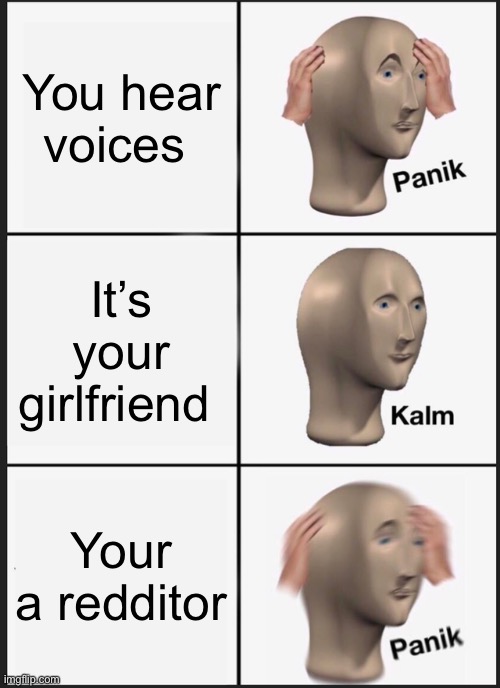 Your a Redditor | You hear voices; It’s your girlfriend; Your a Redditor | image tagged in memes,panik kalm panik | made w/ Imgflip meme maker