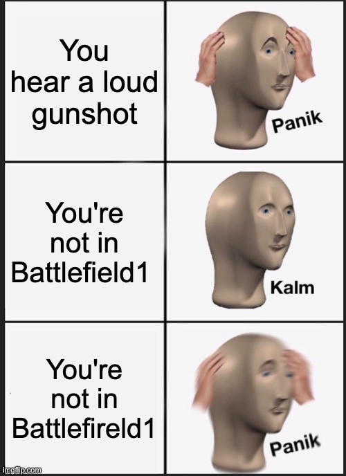 Panik Kalm Panik | You hear a loud gunshot; You're not in Battlefield1; You're not in Battlefireld1 | image tagged in memes,panik kalm panik | made w/ Imgflip meme maker