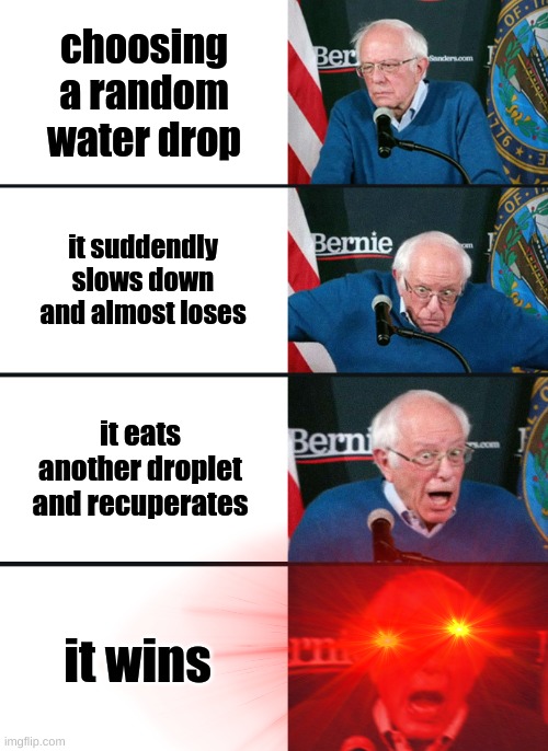 The luckiest childhood memory you would have: | choosing a random water drop; it suddendly slows down and almost loses; it eats another droplet and recuperates; it wins | image tagged in bernie sanders reaction nuked,epic race | made w/ Imgflip meme maker