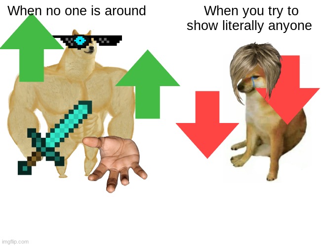 dshfkchdgfjxcgh vugfxgvnjcrhfvgjkekbrjgkyhjckvghbrtb,jkgtrhmvfgtukj | When no one is around; When you try to show literally anyone | image tagged in memes,buff doge vs cheems | made w/ Imgflip meme maker