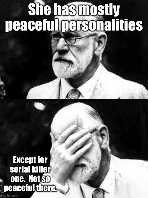 Freud | She has mostly peaceful personalities Except for serial killer one.  Not so peaceful there. | image tagged in freud | made w/ Imgflip meme maker