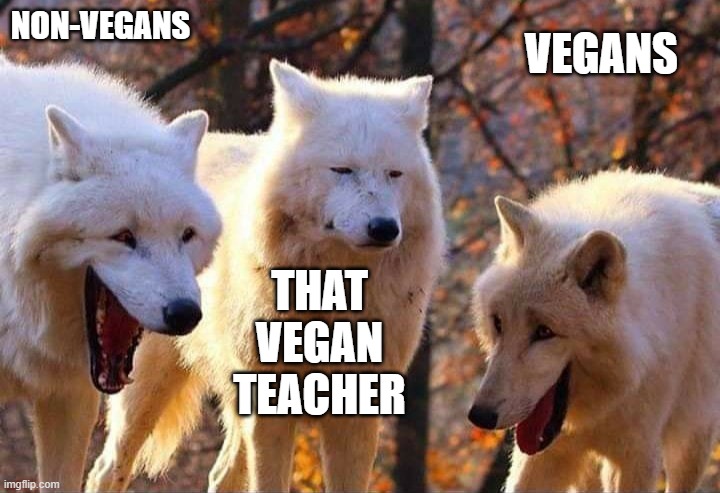 Laughing wolf | NON-VEGANS; VEGANS; THAT VEGAN TEACHER | image tagged in laughing wolf,that vegan teacher | made w/ Imgflip meme maker