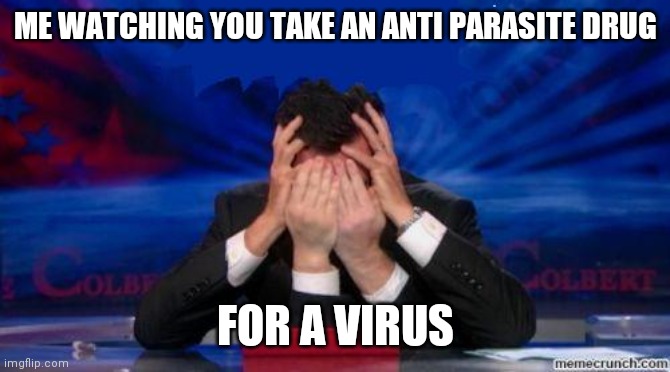 stephen colbert face palms | ME WATCHING YOU TAKE AN ANTI PARASITE DRUG FOR A VIRUS | image tagged in stephen colbert face palms | made w/ Imgflip meme maker