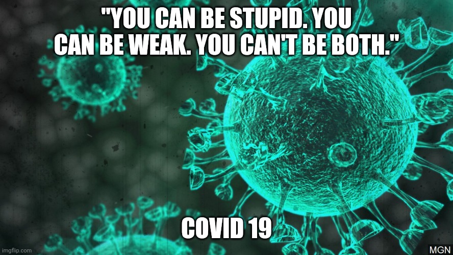COVID 19 QUOTE | "YOU CAN BE STUPID. YOU CAN BE WEAK. YOU CAN'T BE BOTH."; COVID 19 | image tagged in covid-19,wake up,vaccines,natural selection | made w/ Imgflip meme maker