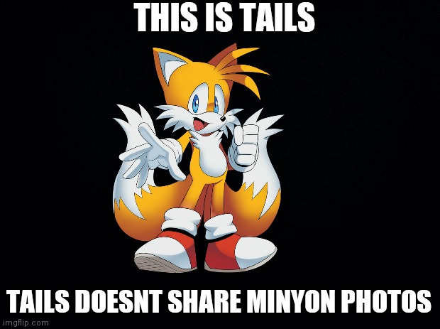 Black background | THIS IS TAILS TAILS DOESNT SHARE MINION PHOTOS | image tagged in black background | made w/ Imgflip meme maker