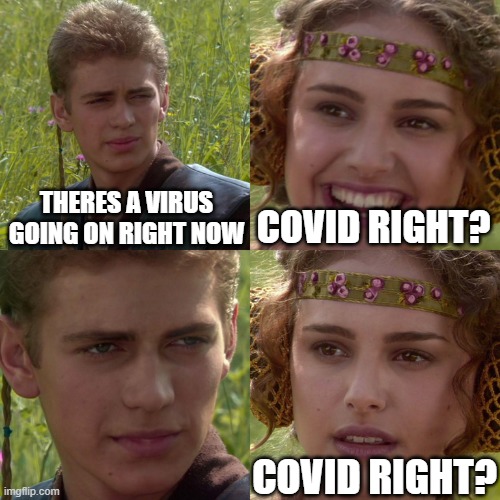 Anakin Padme 4 Panel | THERES A VIRUS GOING ON RIGHT NOW; COVID RIGHT? COVID RIGHT? | image tagged in anakin padme 4 panel | made w/ Imgflip meme maker