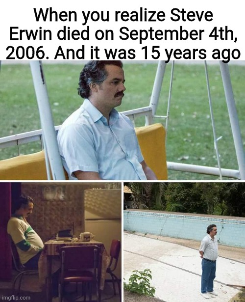 Sad | When you realize Steve Erwin died on September 4th, 2006. And it was 15 years ago | image tagged in memes,sad pablo escobar | made w/ Imgflip meme maker