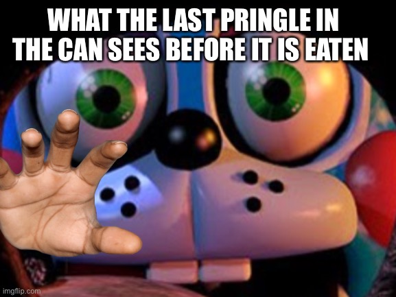 hand. | WHAT THE LAST PRINGLE IN THE CAN SEES BEFORE IT IS EATEN | image tagged in pringles,fnaf2,video games,horror | made w/ Imgflip meme maker