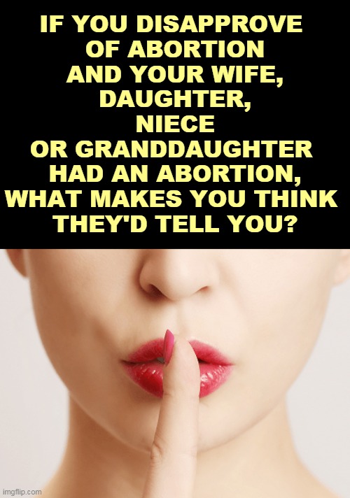 IF YOU DISAPPROVE 
OF ABORTION
AND YOUR WIFE,
DAUGHTER,
NIECE
OR GRANDDAUGHTER 
HAD AN ABORTION,
WHAT MAKES YOU THINK 
THEY'D TELL YOU? | image tagged in texas,women,hatred,abortion,secret | made w/ Imgflip meme maker