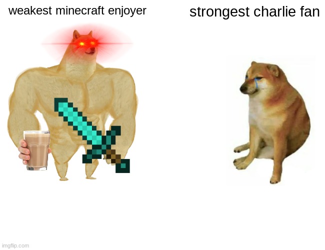 i said it sue me >:) | weakest minecraft enjoyer; strongest charlie fan | image tagged in memes,buff doge vs cheems | made w/ Imgflip meme maker