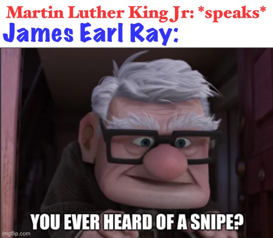 whyy | James Earl Ray:; Martin Luther King Jr: *speaks* | image tagged in you ever heard of a snipe,martin luther king jr,wtf,dark humor,shooting | made w/ Imgflip meme maker