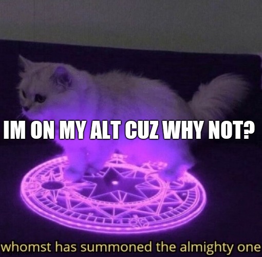 Whomst has summoned the almighty one | IM ON MY ALT CUZ WHY NOT? | image tagged in whomst has summoned the almighty one | made w/ Imgflip meme maker