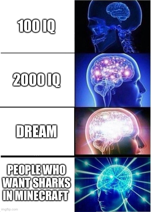 Minecraft community be like | 100 IQ; 2000 IQ; DREAM; PEOPLE WHO WANT SHARKS IN MINECRAFT | image tagged in memes,expanding brain,minecraft,dream,big brain | made w/ Imgflip meme maker