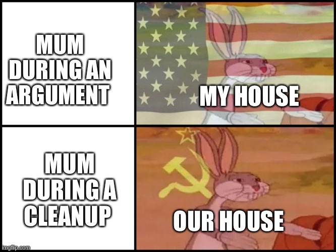 Capitalist and communist | MUM DURING AN ARGUMENT; MY HOUSE; MUM DURING A CLEANUP; OUR HOUSE | image tagged in capitalist and communist | made w/ Imgflip meme maker