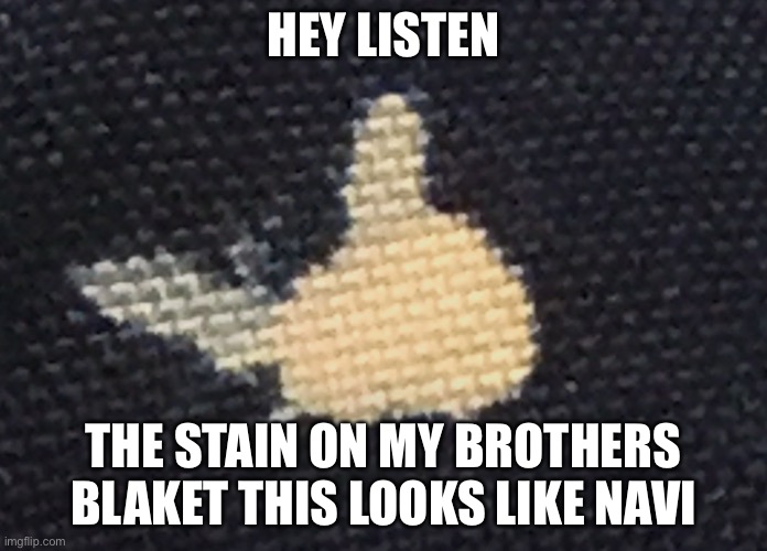 Hey listen! | HEY LISTEN; THE STAIN ON MY BROTHERS BLANKET THIS LOOKS LIKE NAVI | image tagged in the legend of zelda | made w/ Imgflip meme maker