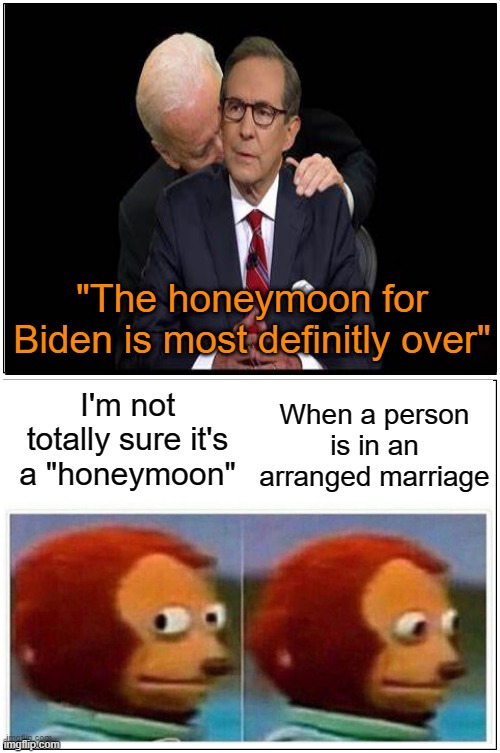 Except divorce means Harris is next | "The honeymoon for Biden is most definitly over"; When a person is in an arranged marriage; I'm not totally sure it's a "honeymoon" | image tagged in memes,blank comic panel 1x2,creepy joe biden,stolen,maga | made w/ Imgflip meme maker