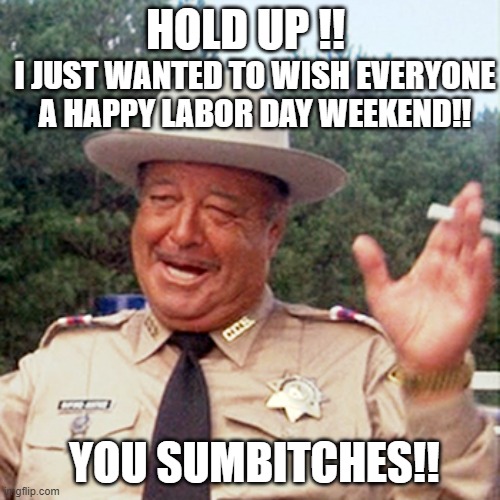 buford t justice | HOLD UP !! I JUST WANTED TO WISH EVERYONE A HAPPY LABOR DAY WEEKEND!! YOU SUMBITCHES!! | image tagged in buford t justice | made w/ Imgflip meme maker