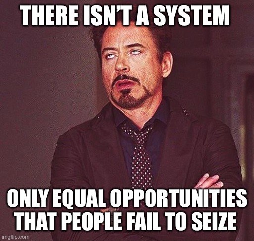 Robert Downey Jr Annoyed | THERE ISN’T A SYSTEM ONLY EQUAL OPPORTUNITIES THAT PEOPLE FAIL TO SEIZE | image tagged in robert downey jr annoyed | made w/ Imgflip meme maker