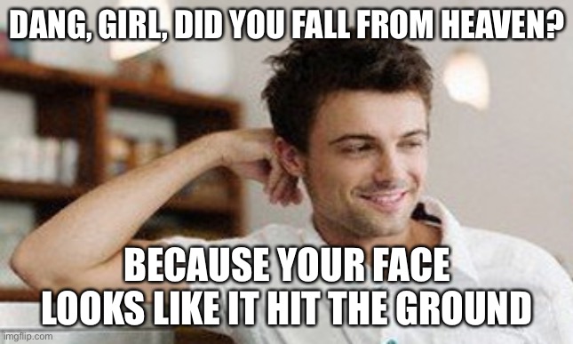 an original insult, i did not find this anywhere | DANG, GIRL, DID YOU FALL FROM HEAVEN? BECAUSE YOUR FACE LOOKS LIKE IT HIT THE GROUND | image tagged in rare insults,destruction 100,tyrannosaurus rekt,pickup lines,ugly | made w/ Imgflip meme maker