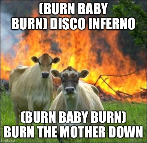(Burn baby burn) burn bovine | (BURN BABY BURN) DISCO INFERNO; (BURN BABY BURN) BURN THE MOTHER DOWN | image tagged in memes,evil cows,disco,inferno | made w/ Imgflip meme maker