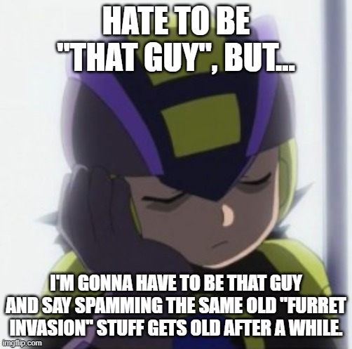 Dark MegaMan.EXE Bored Face | HATE TO BE "THAT GUY", BUT... I'M GONNA HAVE TO BE THAT GUY AND SAY SPAMMING THE SAME OLD "FURRET INVASION" STUFF GETS OLD AFTER A WHILE. | image tagged in dark megaman exe bored face | made w/ Imgflip meme maker