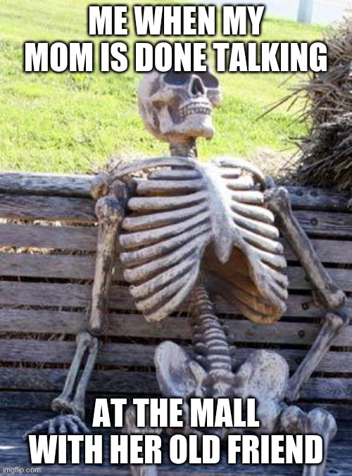 this happened to 685,488,868,474,489,483,137,999 people and i feel bad | ME WHEN MY MOM IS DONE TALKING; AT THE MALL WITH HER OLD FRIEND | image tagged in memes,waiting skeleton | made w/ Imgflip meme maker