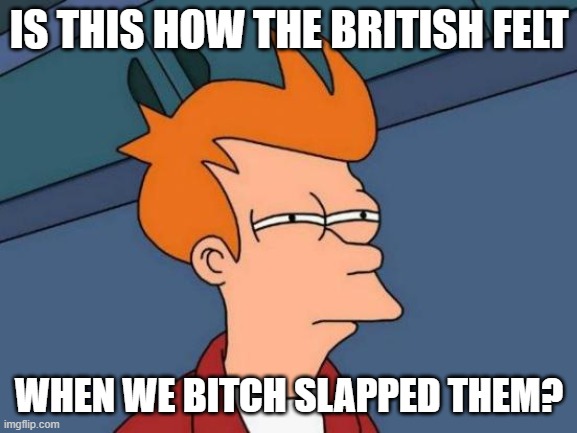 Of course, we aren't empire building, but I think it's analogous. | IS THIS HOW THE BRITISH FELT; WHEN WE BITCH SLAPPED THEM? | image tagged in futurama fry,funny memes,politics,afghanistan,british empire,puppies and kittens | made w/ Imgflip meme maker