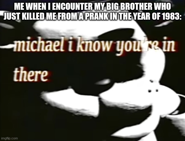a fnaf vhs tape meme |  ME WHEN I ENCOUNTER MY BIG BROTHER WHO JUST KILLED ME FROM A PRANK IN THE YEAR OF 1983: | image tagged in memes | made w/ Imgflip meme maker