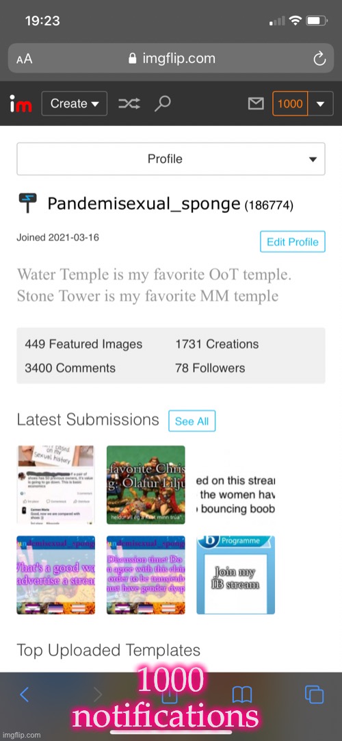 E | 1000 notifications | image tagged in demisexual_sponge | made w/ Imgflip meme maker
