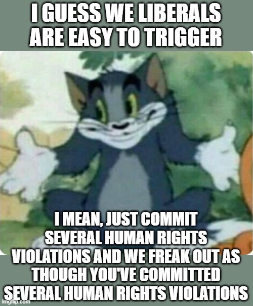 Tom Shrugging | I GUESS WE LIBERALS ARE EASY TO TRIGGER; I MEAN, JUST COMMIT SEVERAL HUMAN RIGHTS VIOLATIONS AND WE FREAK OUT AS THOUGH YOU'VE COMMITTED SEVERAL HUMAN RIGHTS VIOLATIONS | image tagged in tom shrugging | made w/ Imgflip meme maker