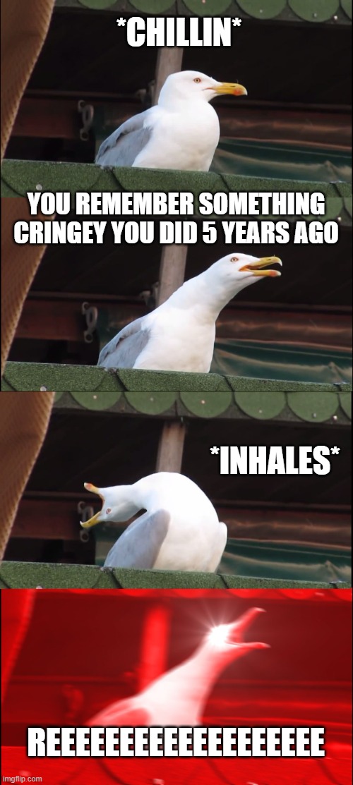 Hard to deny tbh | *CHILLIN*; YOU REMEMBER SOMETHING CRINGEY YOU DID 5 YEARS AGO; *INHALES*; REEEEEEEEEEEEEEEEEEE | image tagged in memes,inhaling seagull | made w/ Imgflip meme maker