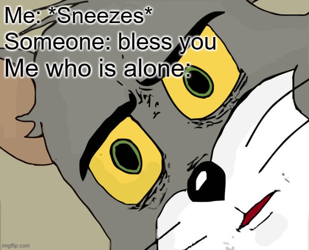 Unsettled Tom | Me: *Sneezes*; Someone: bless you; Me who is alone: | image tagged in memes,unsettled tom | made w/ Imgflip meme maker