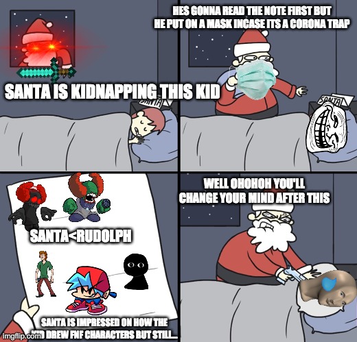 Santa Is Rage level 20000000 million | HES GONNA READ THE NOTE FIRST BUT HE PUT ON A MASK INCASE ITS A CORONA TRAP; SANTA IS KIDNAPPING THIS KID; SANTA<RUDOLPH; WELL OHOHOH YOU'LL CHANGE YOUR MIND AFTER THIS; SANTA IS IMPRESSED ON HOW THE KID DREW FNF CHARACTERS BUT STILL... | image tagged in letter to murderous santa | made w/ Imgflip meme maker