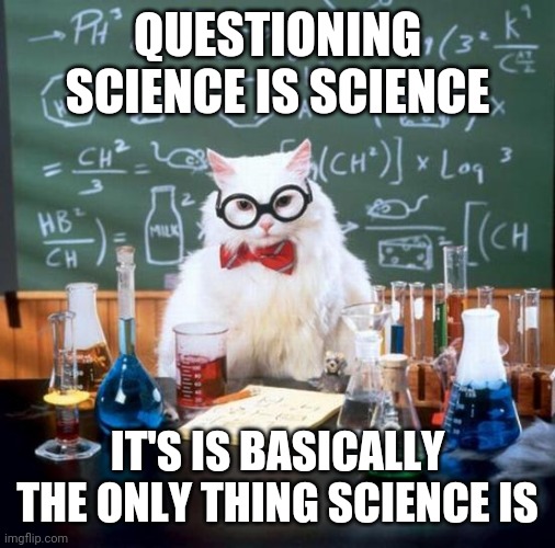 Questioning science is science. | QUESTIONING SCIENCE IS SCIENCE; IT'S IS BASICALLY THE ONLY THING SCIENCE IS | image tagged in memes,chemistry cat | made w/ Imgflip meme maker