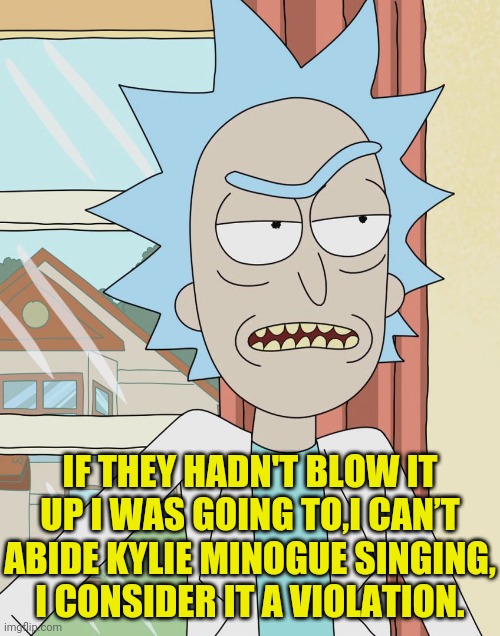 Rick Sanchez | IF THEY HADN'T BLOW IT UP I WAS GOING TO,I CAN’T ABIDE KYLIE MINOGUE SINGING, I CONSIDER IT A VIOLATION. | image tagged in rick sanchez | made w/ Imgflip meme maker