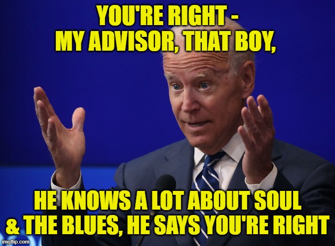 Joe Biden - Hands Up | YOU'RE RIGHT - MY ADVISOR, THAT BOY, HE KNOWS A LOT ABOUT SOUL & THE BLUES, HE SAYS YOU'RE RIGHT | image tagged in joe biden - hands up | made w/ Imgflip meme maker