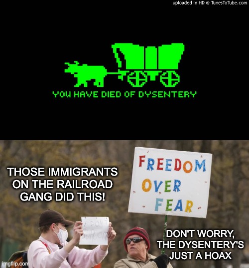 Hmm . . . let's be strategic here | THOSE IMMIGRANTS ON THE RAILROAD GANG DID THIS! DON'T WORRY, THE DYSENTERY'S JUST A HOAX | image tagged in dysentery,games,video games,losers | made w/ Imgflip meme maker